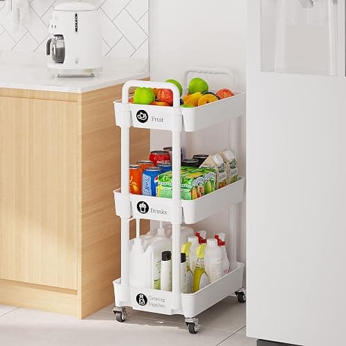Laiensia 3-Tier Storage Cart,Multifunction Kitchen Storage Organizer,Mobile Shelving Unit Utility Rolling Cart with Lockable Wheels for Bathroom,Laundry,Living Room,With Classified Stickers,White - 3-Tier - White thumbnail 4