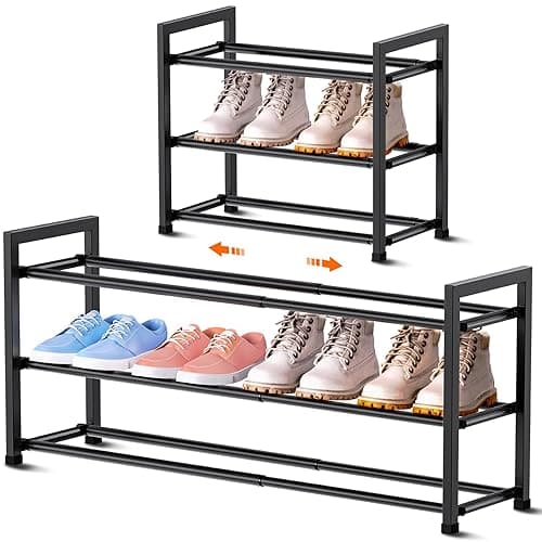 Bumusty 3-Tier Expandable Shoe Rack for Closet, 18“-33” Adjustable Shoe Rack for Small Space, Small Shoe Organizer for Front Door, Sturdy Metal, Black - Black - 3-Tier - Image 1
