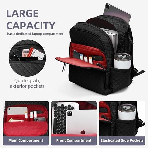 RosaRubus Backpack for Women,College Backpack,Quilted Casual Daypack,Waterproof Bookbag for 15.6Inch Laptop (Black) thumbnail 6