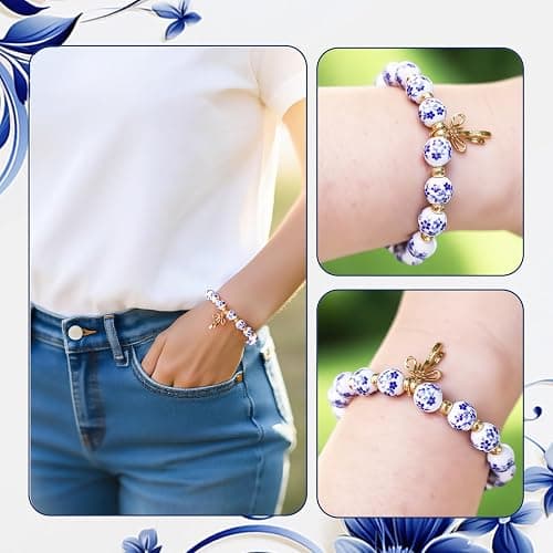 lakayfimily Bow Charm Bracelet for Women Vintage Flower Beaded Handmade Gold Dainty Stretch Bracelet Romantic Jewelry Gift thumbnail 3