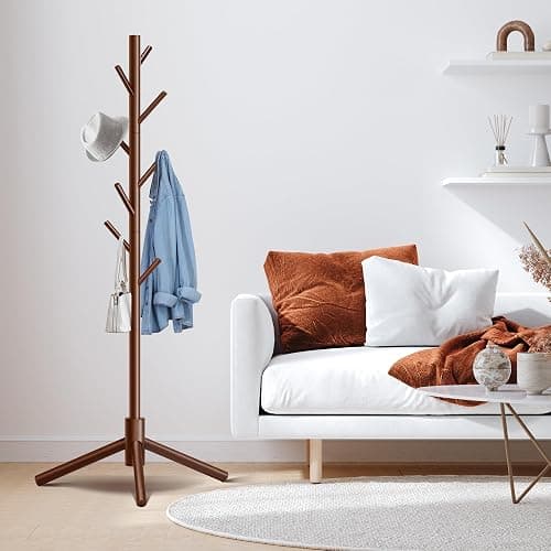 Unisakey Durable Wooden Coat Rack, Freestanding Coat Rack with Stable Triangular Base, 8 Hooks & 3 Adjustable Heights, Simple Assembly for Bedroom, Hallway, Office(New Brown) thumbnail 4