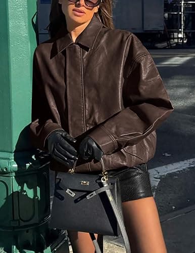 PRETTYGARDEN Women's Faux Leather Motorcycle Jacket Trendy Fall Spring Clothes Oversized Zip Up Winter Coat Outerwear thumbnail 8