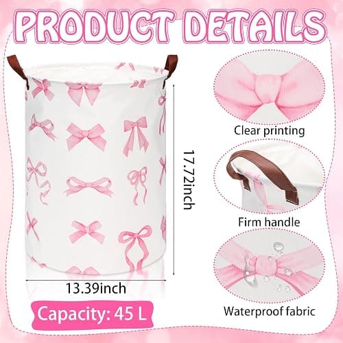 CroBlissful 2 Pcs Coquette Pink Bow Laundry Basket Coquette Storage Basket for Girls Nursery Hamper with Handles Foldable Waterproof Collapsible Storage Bin Organizer for College Dorms Bathroom (Bows) thumbnail 2
