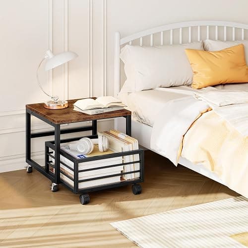 HOOBRO End Table, Mini Fridge Stand with Storage, Mini Fridge Table with Wheels and Adjustable Feet, Sturdy Metal Frame, for Living Room, Bedroom, Office, Rustic Brown and Black BF155TL01 thumbnail 4