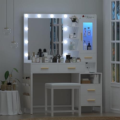 White Vanity Desk with Lighted Mirror and Chair, Makeup Vanity with Charging Station, 5 Drawers Vanity Table Set with LED Cabinet & Storage Bag, Makeup Dressing Table for Girls Women - Modern White thumbnail 9