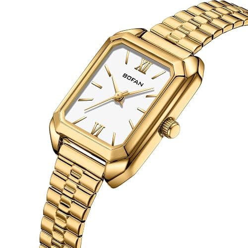 BOFAN Square Small Gold Watches for Women Easy Read Ladies Quartz Wrist Watch with Stainless Steel Expansion Band,Water Resistant. thumbnail 2