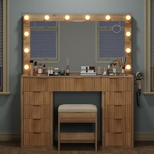 Cozynome 47" Vanity Desk with 3-Color LED Mirror & 11 Drawers, Fluted Makeup Vanity with Glass Top, Charging Station (2 Outlets, 2 USB), Includes Vanity Stool, for Bedroom, Natural thumbnail 8
