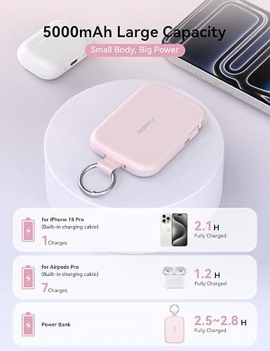 RORRY CharmGo Portable Charger, 5000mAh Power Bank with Built-in Cables | 20W,Keychain,Travel Essential,Battery Pack,USB-C,Compact,All in Mini,for iPhone18 Pro Max/17-15,for AirPods 3/4/Pro,for iPad thumbnail 3
