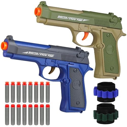 2 Pack Blaster Toy Guns for Boys Fit for Nerf Guns Darts, Small Toys Pistol for Boys Birthday Gifts, for Kids Toddlers Age 6-8 8-12 Year Olds - 16 Refill Foam Darts 2 Wristbands (Blue Green) - Image 1