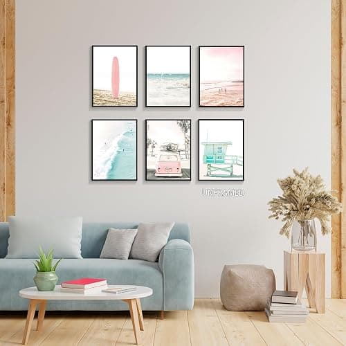 mifyuibytr Set of 6 Beach Canvas Wall Art, 12x16in Tropical Summer Ocean Coastal Posters, Preppy Gallery Beach Prints, Girly Nautical Surfboard Bus Room Decor, California Beachy Pictures Unframed thumbnail 9