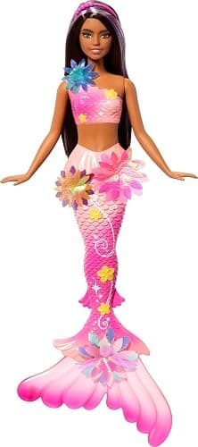 Barbie Mermaid Toy Dolls with Surprise Magic Blooming Flowers Feature, Ombre Tails, Pearl Headband Accessory & Long Brown Hair with Purple Highlights - Image 1