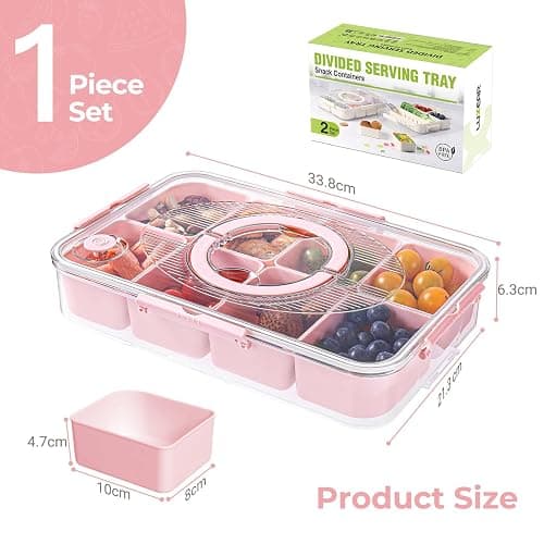 Luxear Divided Snack Box with Compartment, Divided Snack Serving Tray Reusable with Lid Handle, Food Storage Container Organiser for Snackle Box Appetizers Container,Pink thumbnail 3