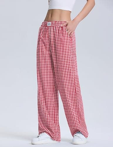 LOMON Womens Striped Gingham Boxer Pants Spring Summer Pajama Lounge Pj Casual Plaid Trousers Y2K Beach Bottoms with Pockets thumbnail 2