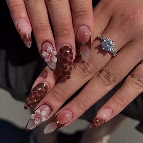 OCTOSWAVE Long Press on Nails Almond Fake Nails French Tip Artificial Nail with Flowers and Rhinestones Charm Stick on Nail for Women 24pcs - Image 1