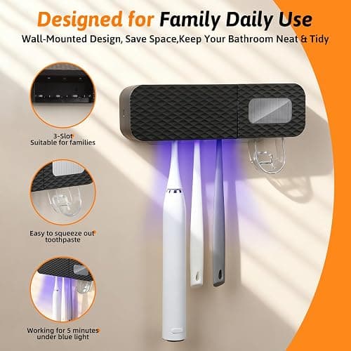 NeteHon Smart Toothbrush Holder, Wall Mounted Toothbrush Holder with Toothpaste Dispenser, Drying Function and 3 Toothbrush Slots for Bathroom (Black) thumbnail 4