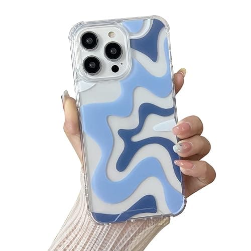 Sayoaho Compatible with iPhone 15 Phone Case, Cute Art Wavy Painted for Women Girls, Soft TPU Edge PC Back Protective Shockproof Compatible with iPhone 15 (Blue) - Image 1