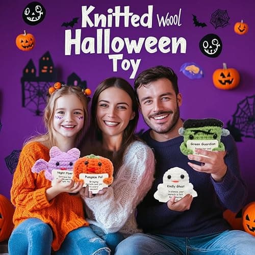4 Psc Mini Funny Knitted Wool Halloween Toy with Positive Card - Creative Cute Crochet Doll Cheer Up Gift for Kids Girls Boys Parties Halloween Decoration Party Favor thumbnail 6