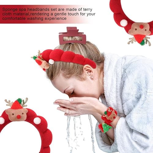 AMCAMI Christmas Makeup Headband Wristband Set with Hair Clips,Headband for Washing Face, Skincare,Spa,Christmas Hair Accessories Gifts, Stocking Stuffers thumbnail 3