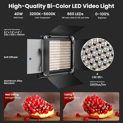 NEEWER 2 Pack Bi Color 660 LED Video Light and Stand Kit: (2) 3200-5600K CRI 96+ Dimmable Light with U Bracket and Barndoor, (2) 75 inches Light Stand for Studio Photography, Video Recording (Black) thumbnail 2