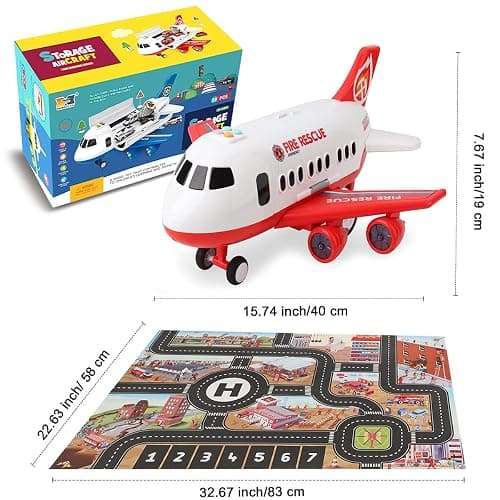 Dwi Dowellin Airplane Toy with Fire Truck Cars and Play Mat,Plane with Lights and Sounds for 3 + Years Old Boys and Girls thumbnail 3