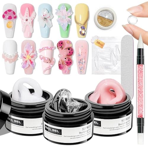 SUPWEE Solid Builder Gel for Nails Clear Nude White 3D Sculpture Nail Art Hard Gel with Chrome Powder for Carving Patterns Decoration Home Manicure DIY for Women - Clear&White&Nue-14g - Image 1