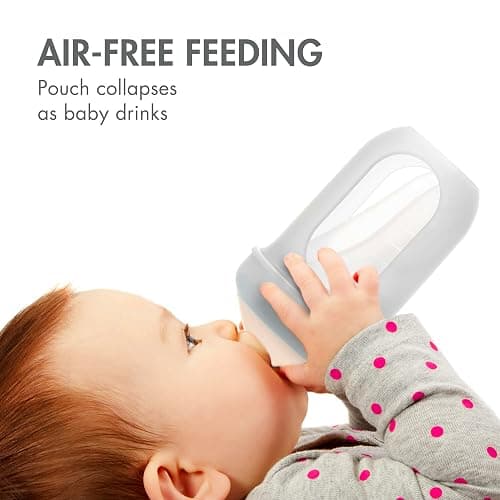 Boon Nursh Reusable Silicone Pouch Baby Bottles - Medium Flow Nipple - Silicone Baby Bottle Pouch and Nipple - Baby Feeding Essentials - Gray - 3-6 Months - 3 Count - 8 Ounce thumbnail 2