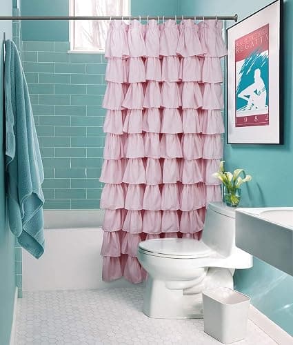 Volens Pink Ruffle Shower Curtain Farmhouse Rustic Fabric Cloth Shower Curtains for Bathroom, 72" x 72" thumbnail 9