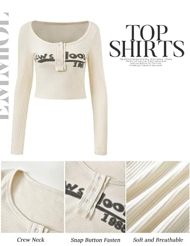 Y2K Tops for Women Graphic Crop Tops Button Up Long Sleeve Henley Shirts Slim Fit Ribbed Crop Top thumbnail 4