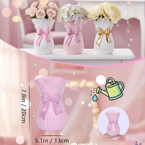 Bow Vase for Home Decor,7.8 Inch Cute Bow Ceramic Vase with Bowknot Design,Large Opening Floral for Fresh/Dried/Faux Flowers,Ideal for Kitchen Table/Living Room/Shelf/Dorm Decor (Pink) thumbnail 3