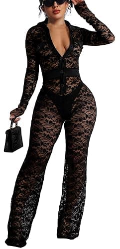 Clubwear Sexy Jumpsuit for Women Bodycon Long Sleeve See Through Long Skinny Pants for Evening Party - Image 1