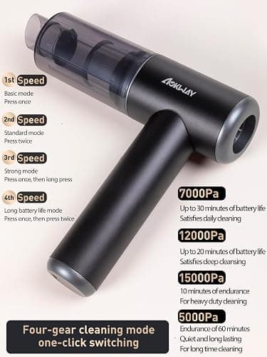 aokway Car Vacuum Portable Cordless 15000PA Powerful Suction, 7500mAh, 4-in-1, High Power Mini Vacuum Cleaner for Car, Home, PC, Keyboard, Desk Cleaning Small Handheld Rechargeable (Black) thumbnail 7