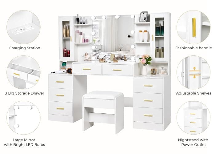 ANWBROAD 59.1" Large Vanity Desk with Mirror & Lights White Makeup Vanity Set with Power Outlet and 8 Drawers 3 Lighting Modes Adjustable Dressing Table for Girl Women Bedroom Dressing Room UBDT67W thumbnail 5