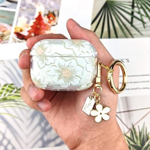 AIIEKZ Compatible with AirPods Pro Case Cover 2019, Soft TPU Case with Cute Flower Pattern for AirPods Pro 1st Generation Case with Flower Keychain and Carabiner for Girls Women (White) thumbnail 6