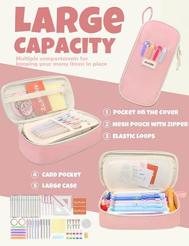 SUNEE Cute Pencil Case, Aesthetic Pen Pouch, Colored Large Pencil Bag with Zipper, Kawaii Stationery Storage and Organizer, School Supplies for Teen and Adult Girls, Pink thumbnail 4