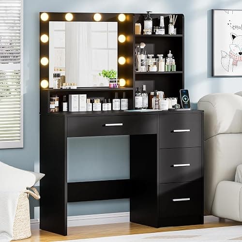 DINGIPP Vanity Desk with Lighted Mirror and Charging Station, Makeup Vanity with 4 Drawers & Storage Shelves,Makeup Desk 3 Color Lights Modes Available, Bedroom Dressing Table for Women, Girls thumbnail 4