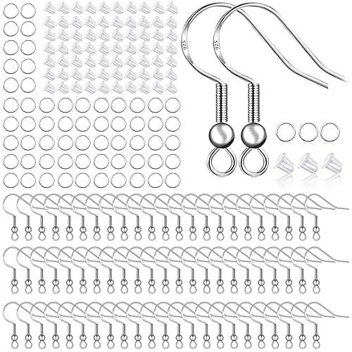 925 Sterling Silver Earring Hooks 150 PCS/75 Pairs,Ear Wires Fish Hooks,500pcs Hypoallergenic Earring Making kit with Jump Rings and Clear Silicone Earring Backs Stoppers (Silver) - Image 1