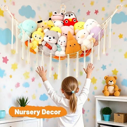 Toy Hammock for Stuffed Animals, 41"*41"*59" Soft Cuddly Plush Toys Macrame Net, Corner Hanging Organizer for Nursery Decor thumbnail 3