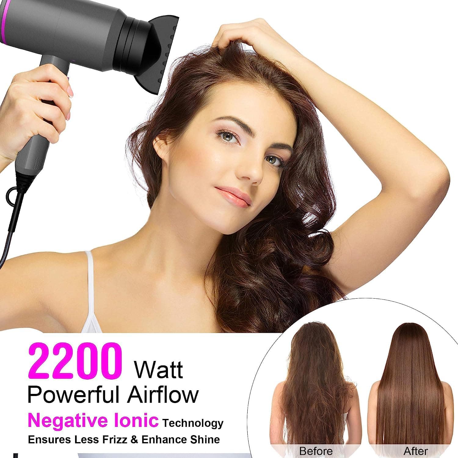 NEWSEE 2200W Professional Hair Dryer Powerful AC Motor Quick Drying Ionic Dryer with 2 Speed 3 Heat Setting, Cool Shot Button with 1 Diffuser & 2 Concentrator for Multi Women Man Hairstyles (AU Plug) (Dark Grey) thumbnail 5