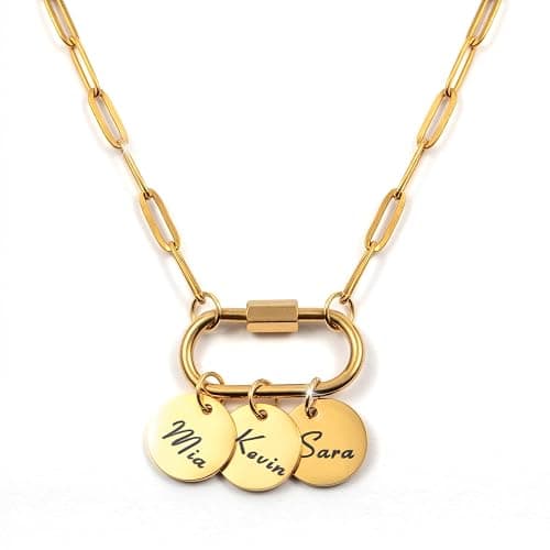 MignonandMignon Custom Carabiner Coin Charm Necklace with Kids Names,Birthday Gift for Mom, Handmade Jewelry for Her, Grandma Gift -P-LOCK-CN - Image 1