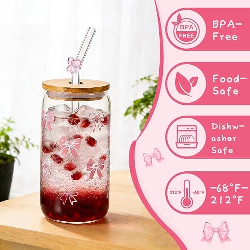 saerryor Birthday Gifts for Girls, Bow Glass Cup with Lid and Straw Card Keychain Pendant Makeup Brushes Cosmetic Bag Socks Headband, Pink thumbnail 4