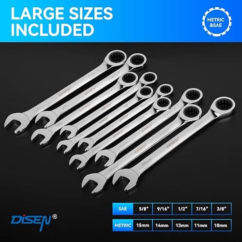 DISEN 10Pcs Ratcheting Wrench Set SAE & Metric Ratchet Wrench Set with Rack Organizer, Premium CR-v Steel, 12 Point, 72 Teeth,Box End and Open End Ratcheting Wrench Set,Metric 10-15mm&SAE 3/8''-5/8'' thumbnail 2