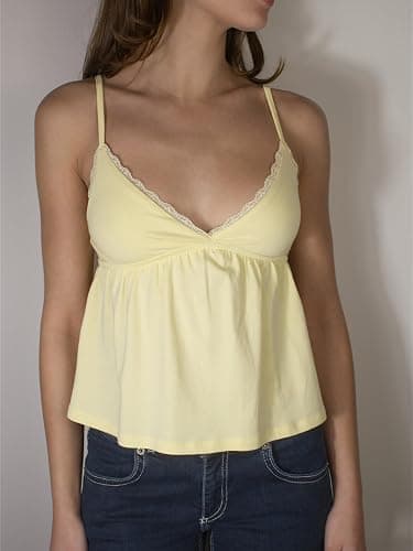 Women Y2k Babydoll Cami Top Sexy Lace Ruffle V Neck Spaghetti Strap Peplum Tank Tops Coquette Going Out Streetwear thumbnail 4