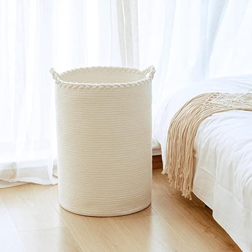 Homlikelan 58L Woven Laundry Basket,Cotton Tall Laundry Hamper for Blankets,Clothes,Pillows,Toys,Shoes Large Laundry Bin White thumbnail 4