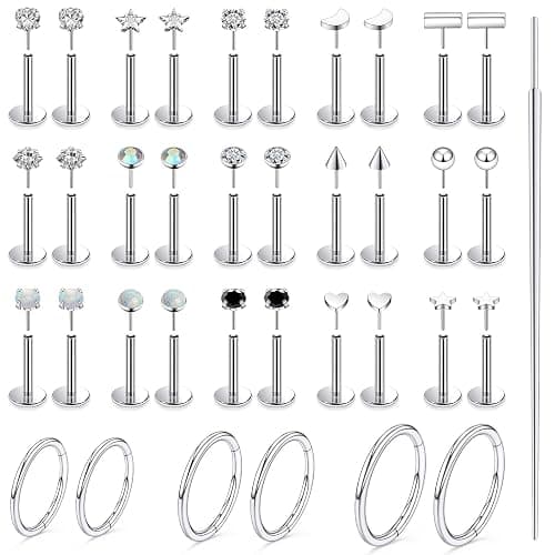 Lsnevsie 20G 18G 16G 14K Gold Filled Threadless Flat Back Earrings Studs Surgical Stainless Steel Opal CZ Nose Rings Studs Tragus Helix Conch Cartilage Earrings Hoops Piercing Jewelry For Women Men - Image 1