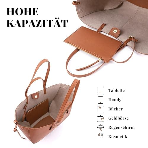 TIAASTAP Tote Bag Kunstleder Handtasche Damen Groß Shopper Tasche Elegante Schultertasche Gross Umhängetasche Henkeltaschen Shopper Bag Handbags Tragetasche Beuteltasche für Einkaufen Reisen - Braun Groß thumbnail 5