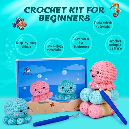 Crochetta Crochet Kit for Beginners, Amigurumi Crocheting Animals Kits w Step-by-Step Video Tutorials, Knitting Starter Pack for Adults and Kids, Jumbo 2 Octopus Familly (40%+ Yarn Content) thumbnail 6