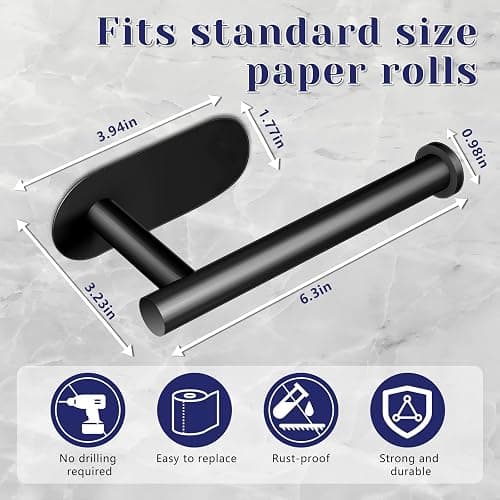 Toilet Paper Holder, Stainless Steel & No Drilling Black Toilet Paper Holder Wall Mount, Waterproof Self Adhesive Toilet Paper Holders for Bathroom, Kitchen, Washroom thumbnail 2