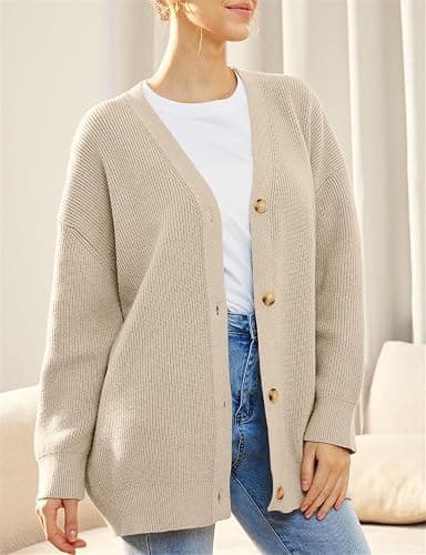 MorFansi Damen Strickjacke Strick Outwear V-Ausschnitt Vorne Offen Leicht Lockere Pullover mit Knöpfen thumbnail 3