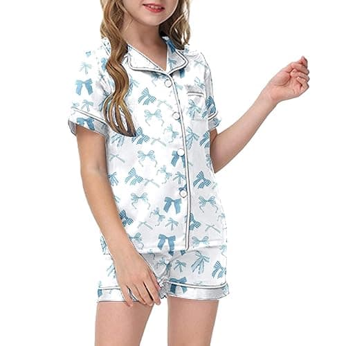 Pink Puff 2 Piece Outfits for Girls Bow Printed Pajam𝙖 Set Silk Lapel Button Down Short Sets Cute Preppy Clothing Sets 2-13Y thumbnail 3