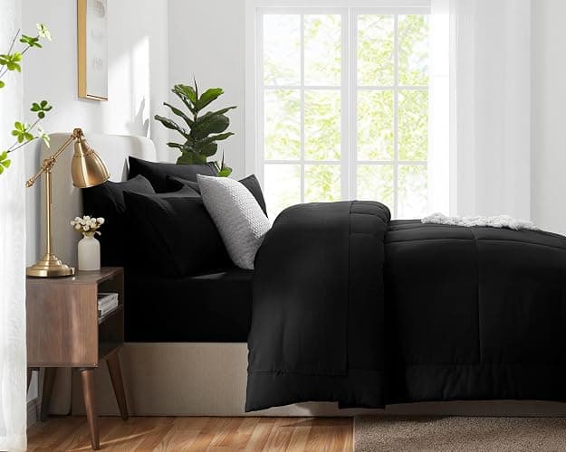 CozyLux King Size Comforter Set Black, 7 Pieces Bed in a Bag, Black Comforter King Size, All Season Bedding Sets with Stitch Quilted Comforter, Flat Sheet, Fitted Sheet, Pillowcases thumbnail 5
